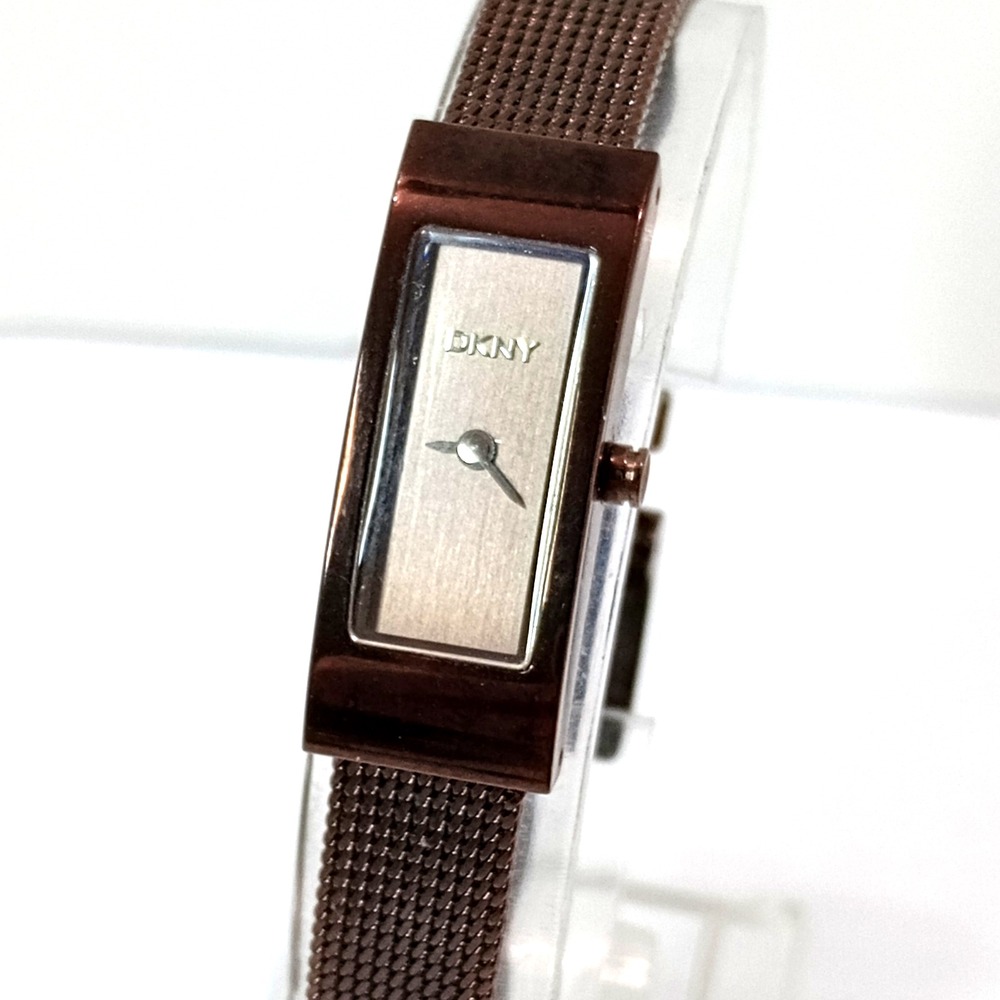 DKNY Women Chocolate Brown‎ Slim Mesh Watch Minimalist Rectangular New Battery